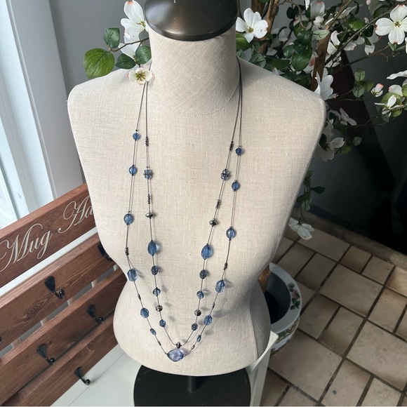 Vintage Jewelry - Vintage Two Strand Blue Beaded Long Necklace